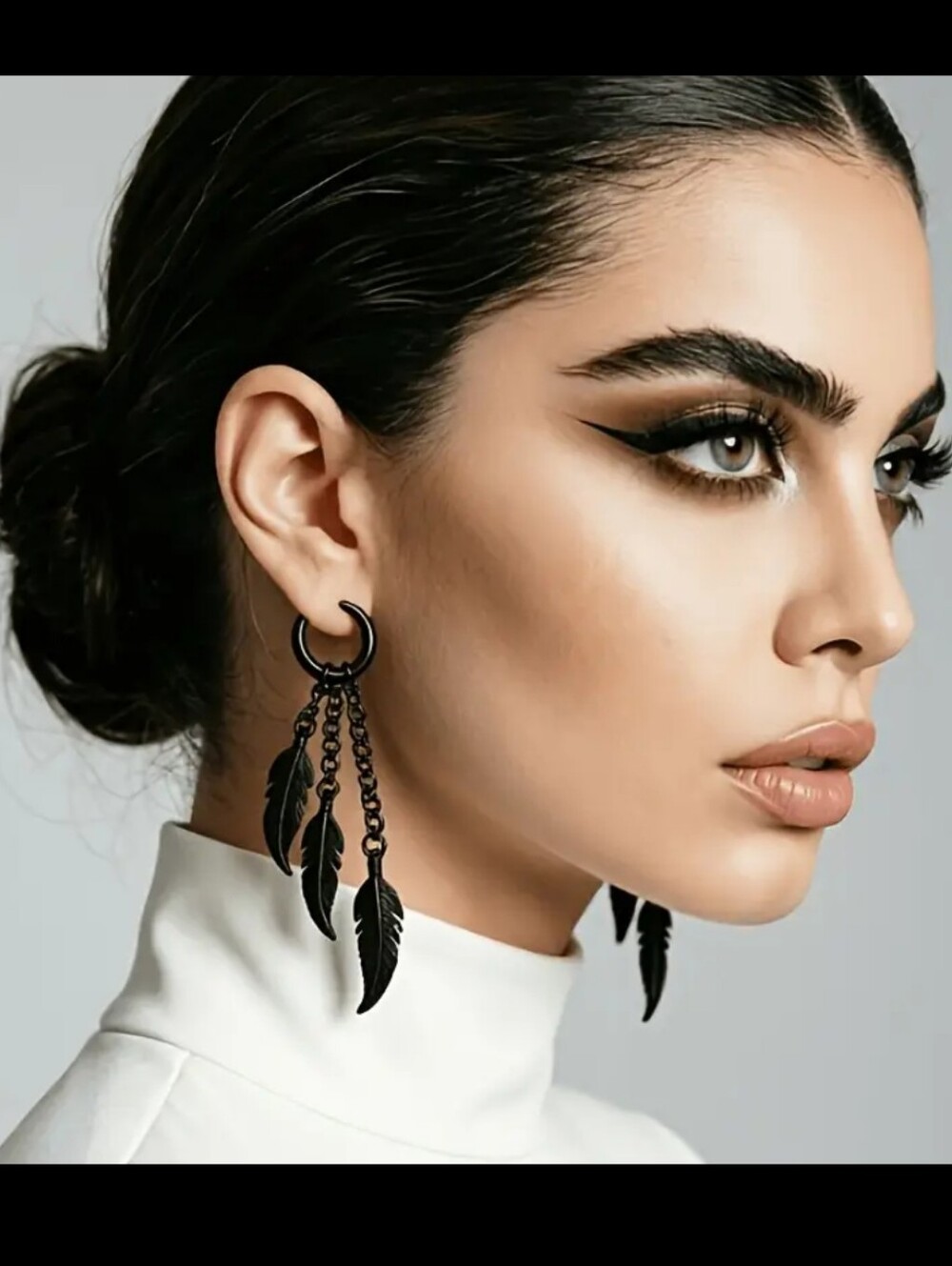 Black Unisex Hoop, Tassel Chains W Leaf/Feather Pendants Earrings - Picture 1 of 4